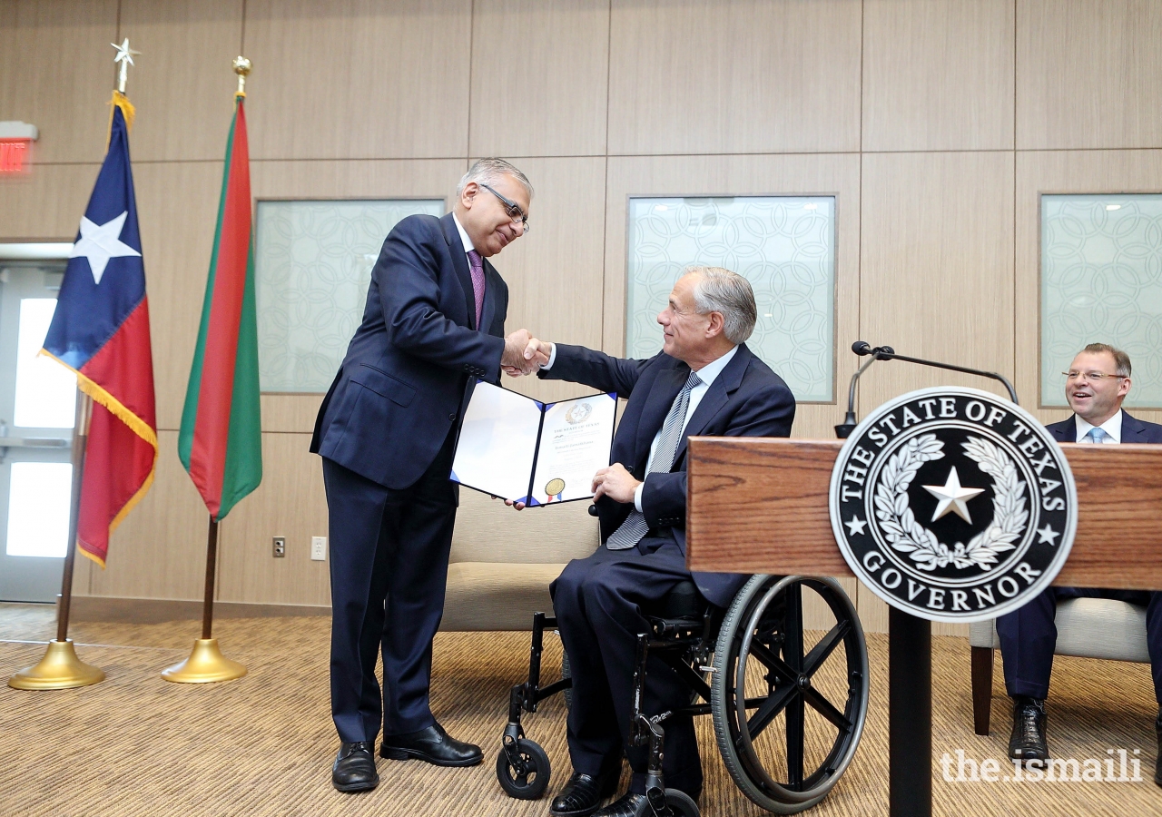 Governor Greg Abbott of Texas presented a signed proclamation recognizing the opening of the Ismaili Jamatkhana in Cedar Park to Dr. Barkat Fazal, President of the Ismaili Council for the United States.