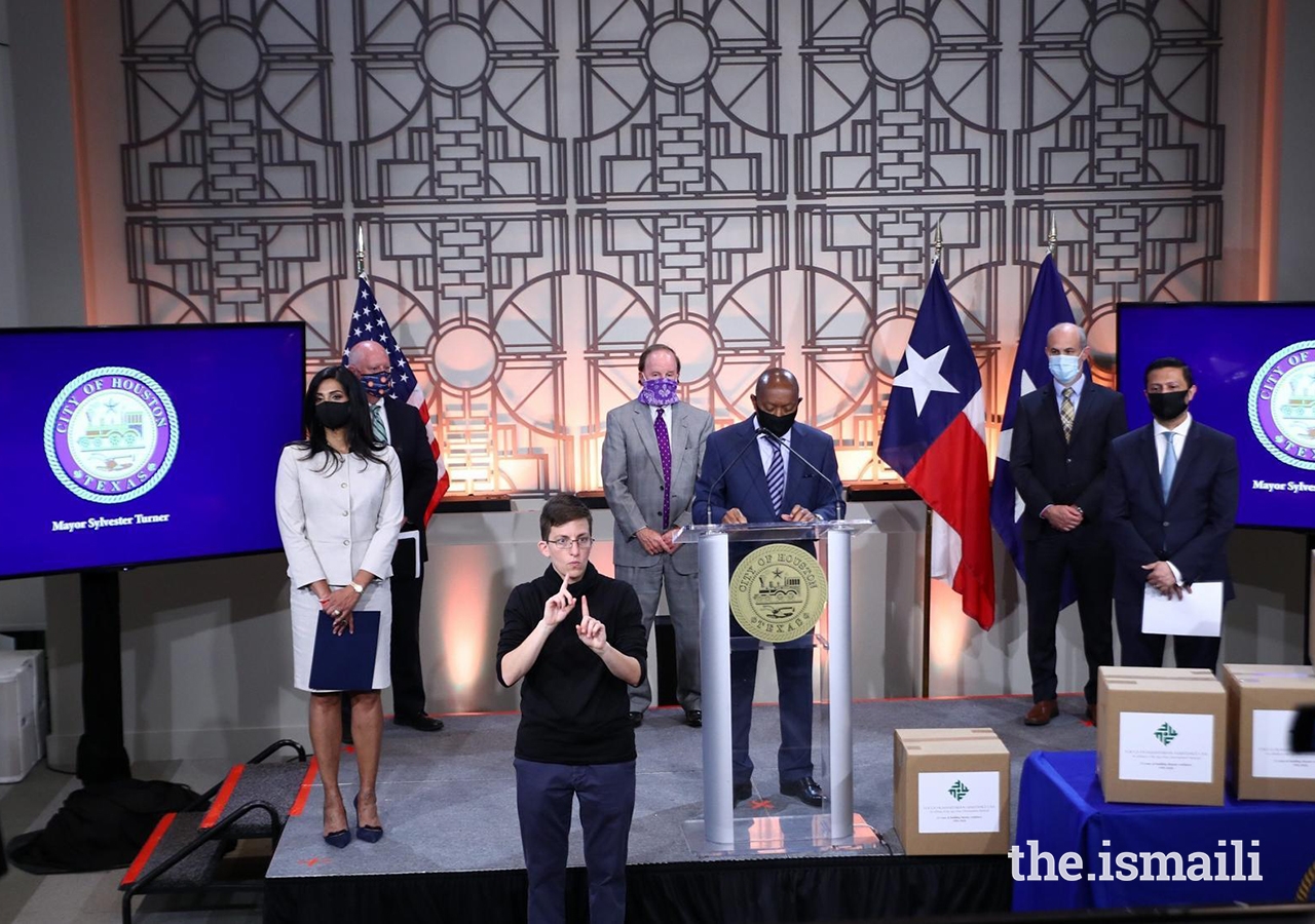 Front row from left to right: Shenila Momin, Chairperson Focus Humanitarian Assistance USA; The Honorable Mayor Sylvester Turner, City of Houston; Murad Ajani, President, Ismaili Council for Southwestern US. Back row from left to right: Dr. David Persse, Health Authority, Houston Health Department, City of Houston; Council Member Dave Martin, Mayor Pro-Tem, City of Houston; Christopher Olson, Director, Mayor’s Office of Trade and International Affairs, City of Houston