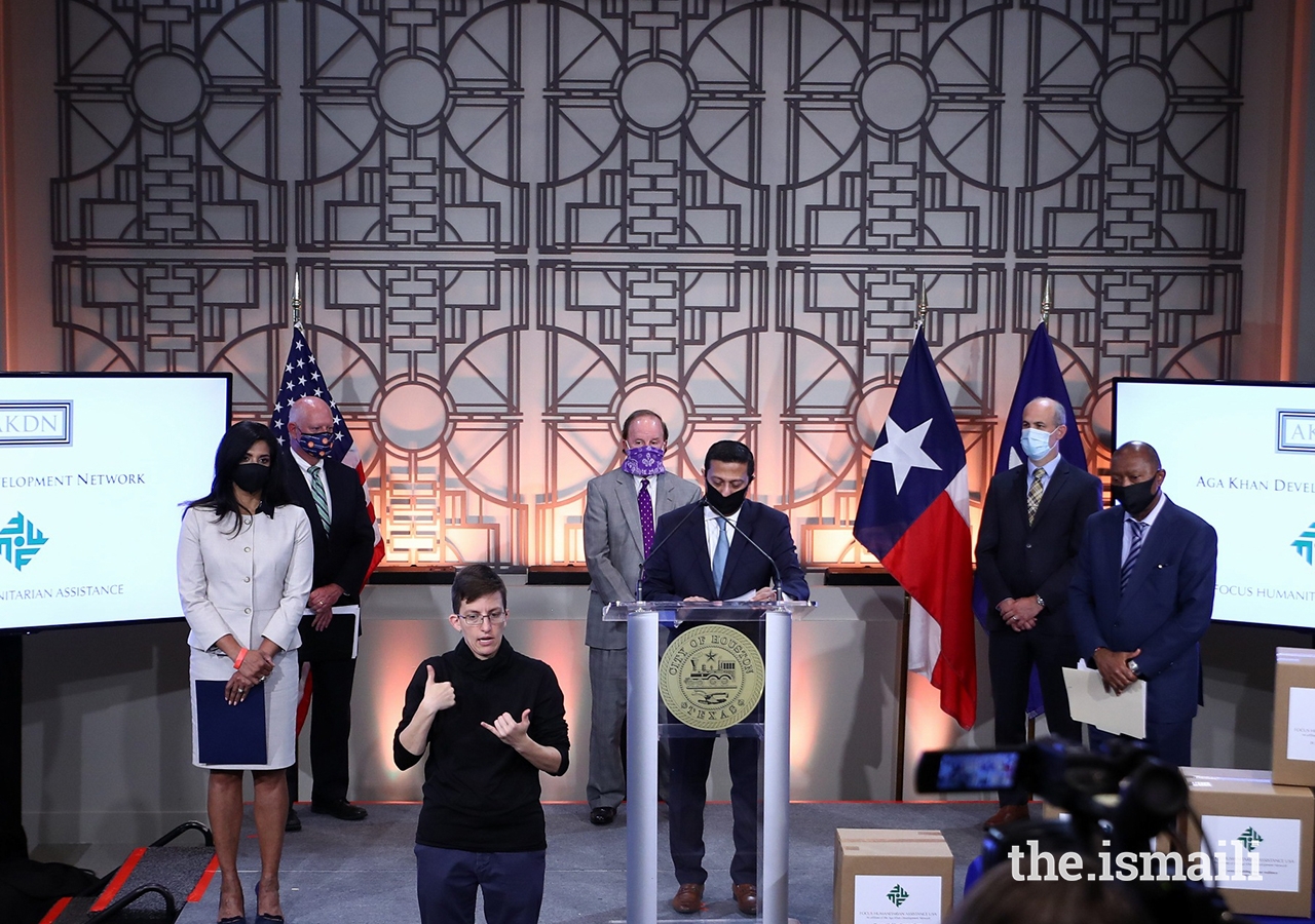 Front row from left to right: Shenila Momin, Chairperson Focus Humanitarian Assistance USA; Murad Ajani, President, Ismaili Council for Southwestern US; The Honorable Mayor Sylvester Turner, City of Houston. Back row from left to right: Dr. David Persse, Health Authority, Houston Health Department, City of Houston; Council Member Dave Martin, Mayor Pro-Tem, City of Houston; Christopher Olson, Director, Mayor’s Office of Trade and International Affairs, City of Houston