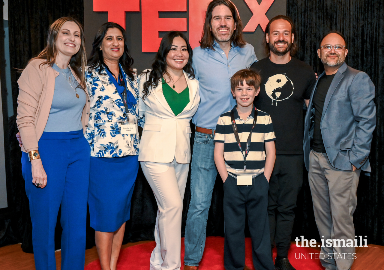 2024 TEDx Sugarland organizer Joshua Evans and speakers including Ryan Makhani, Sam Kabert, Lidia Molinara, Dr. Deepika Gorji, and Avva Thach.