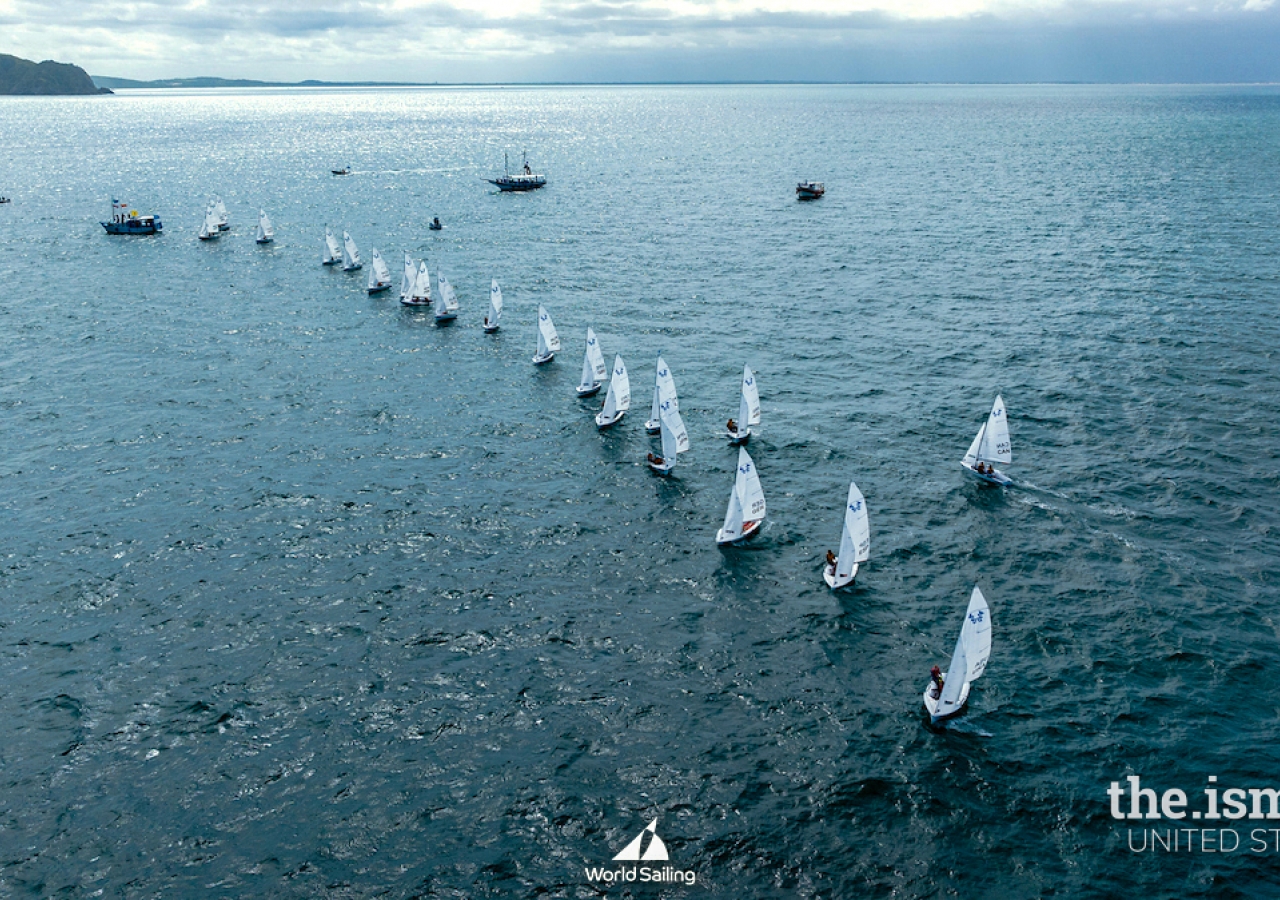 Competition from sailboats at the 2023 Youth Sailing World Championships, Buzios, Brazil.