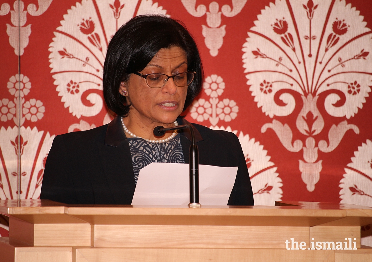 Ismaili Council for Ontario President Sheherazade Hirji delivers welcome remarks to attendees of the annual Milad-un-Nabi lecture at the Ismaili Centre, Toronto.