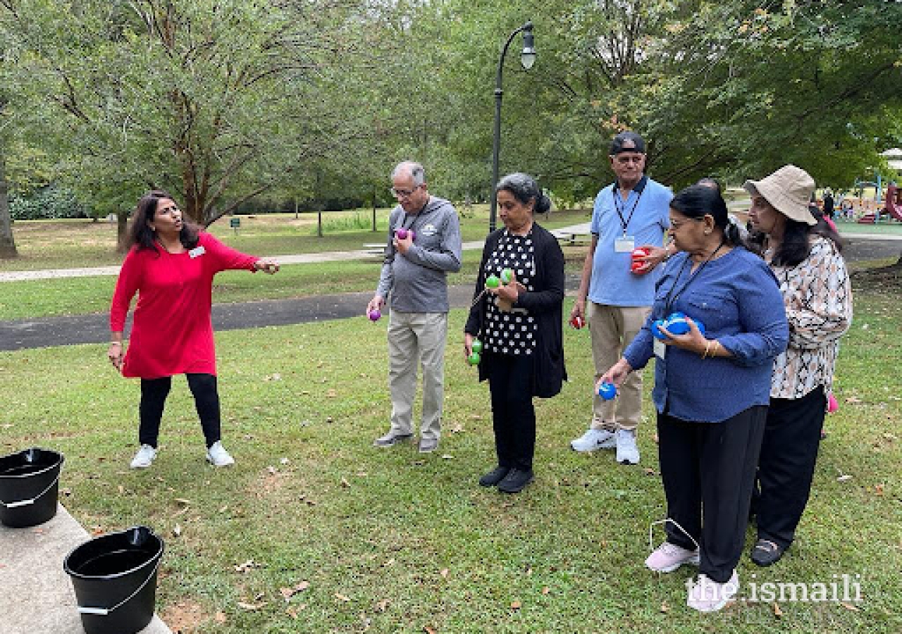 Seniors at Atlanta Headquarters Jamatkhana playing minute-to-win-it games.