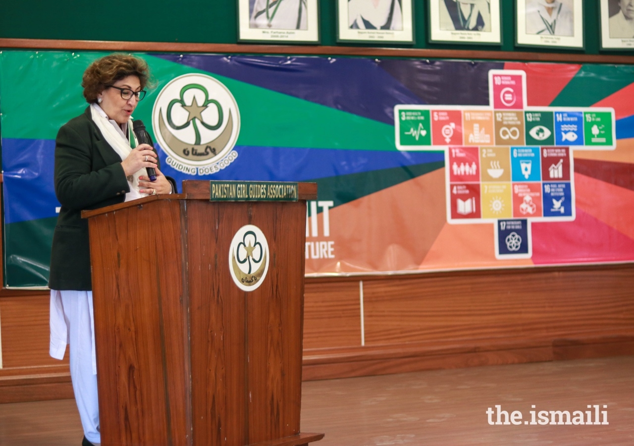 Senator Nuzhat Amir Sadiq, national commissioner of the Pakistan Girl Guides Association addresses Guides at the summit.