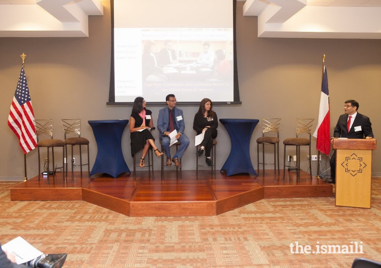 CAB mediators Ms. Shirin Karsan (left), Mr. Jawed Jessani, and Ms. Ashraf Sheik describe CAB's practices employed to focus on restoring harmony during mediation. Judge Kamran Jiwani at the podium.