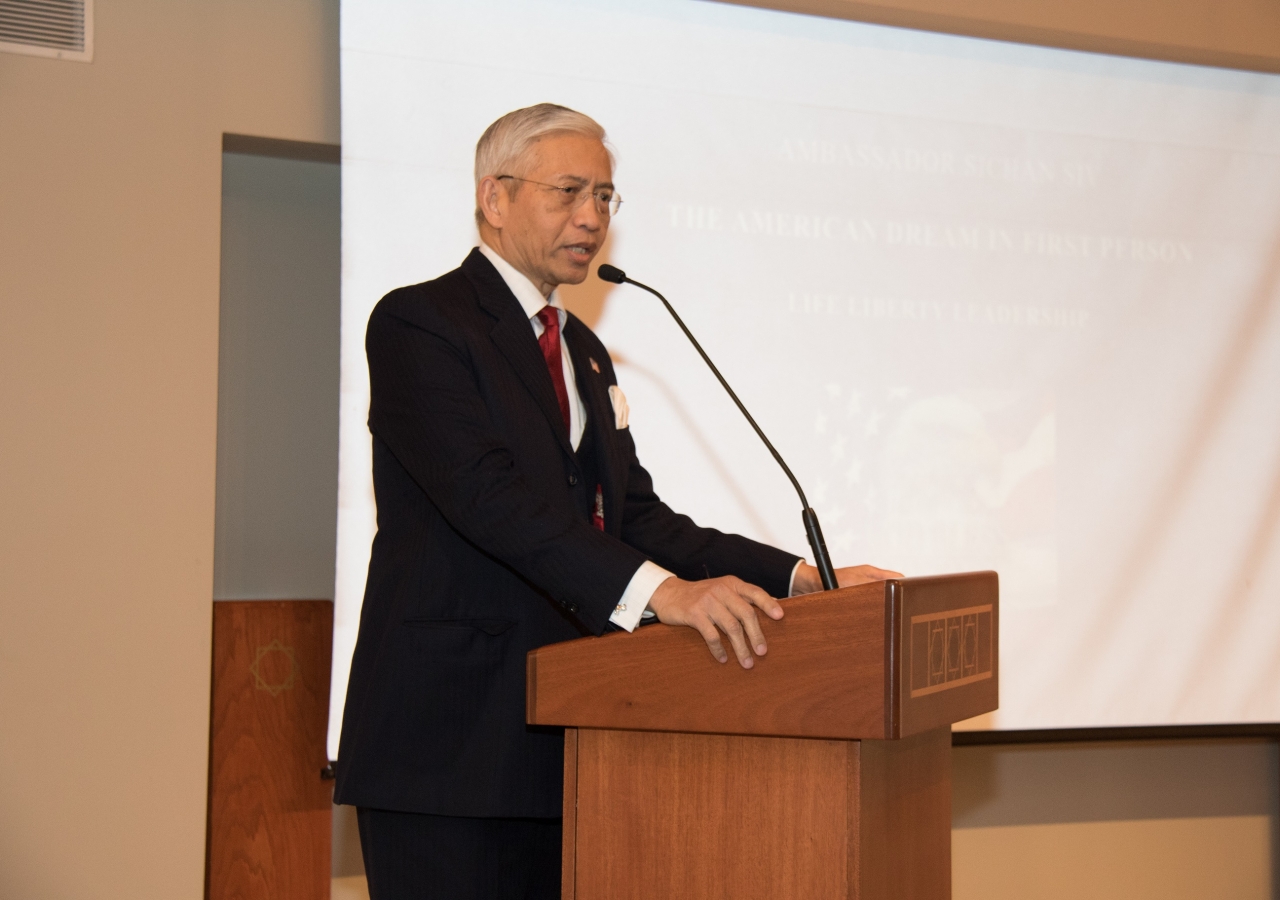 Ambassador Sichan Siv speaking at the Ismaili Jamatkhana and Center, Houston