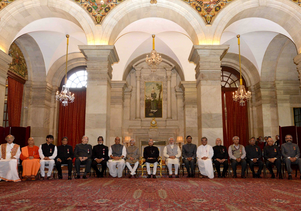 Mawlana Hazar Imam together with other Padma award recipients at the Rashtrapati Bhavan, the official residents of the President of India. Government of India