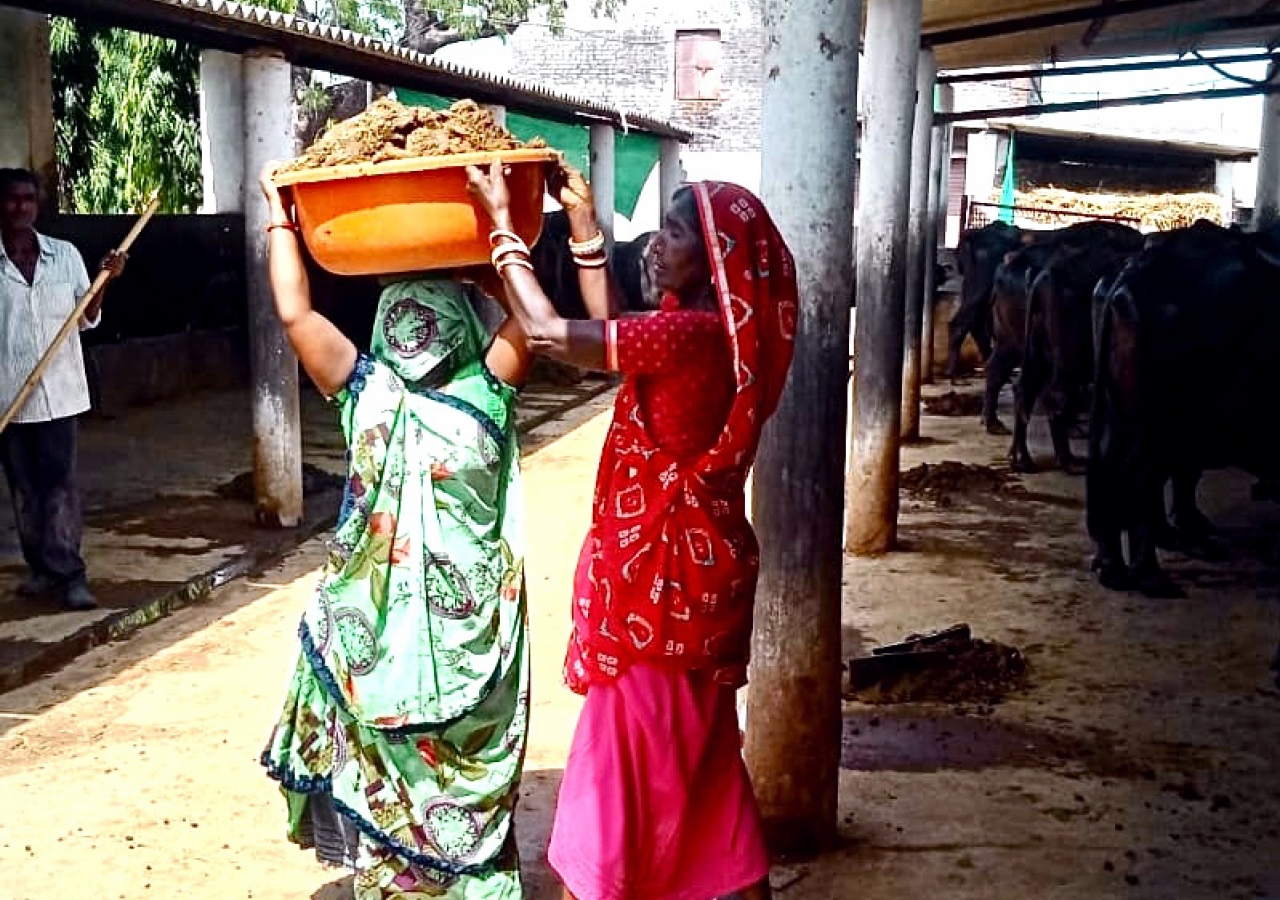 Village women helping each other balance heavy loads on their heads as they carry essential supplies back home.