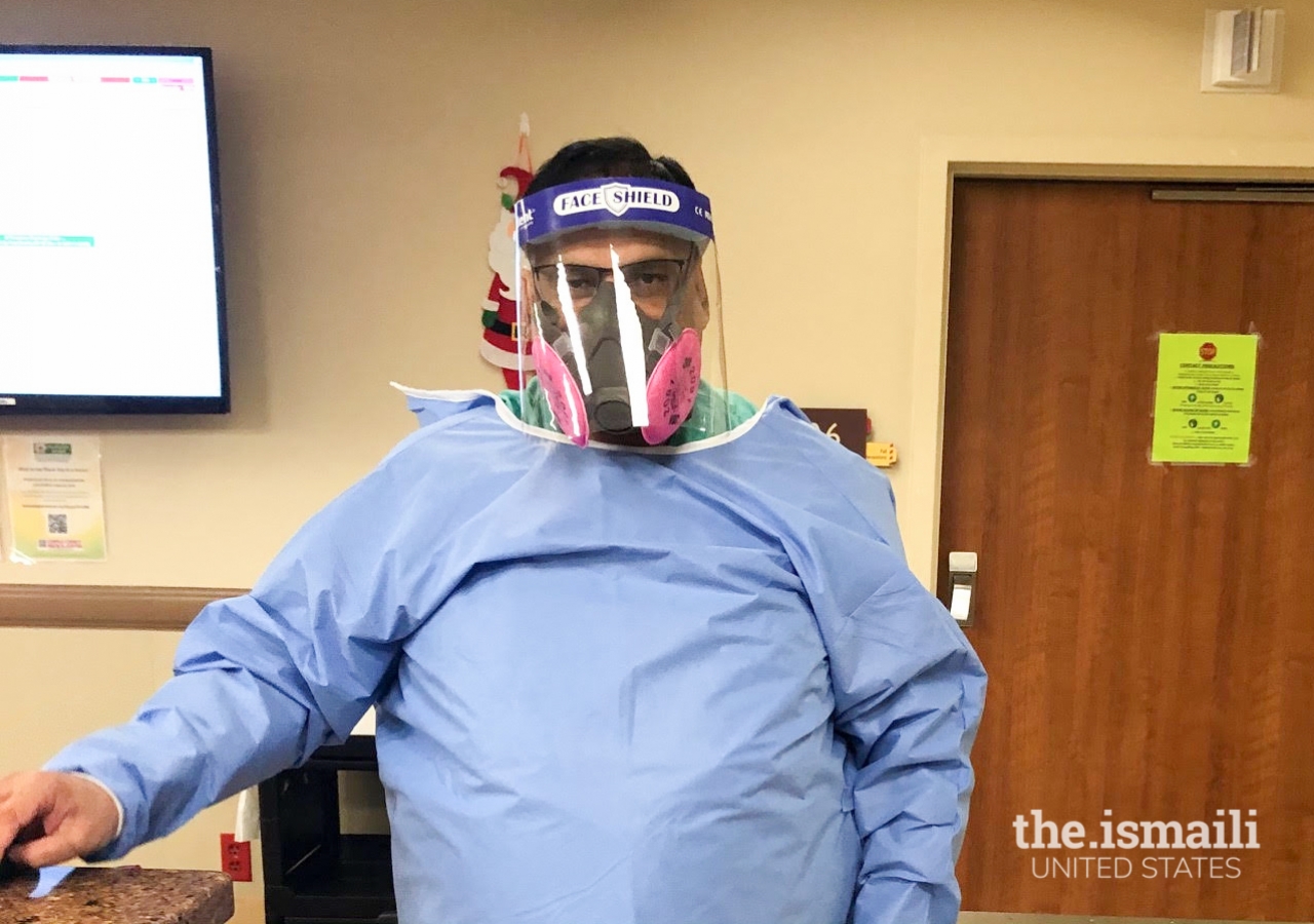 Dr. Salim Surani, in his protective gear as he cares for patients in the ICU.