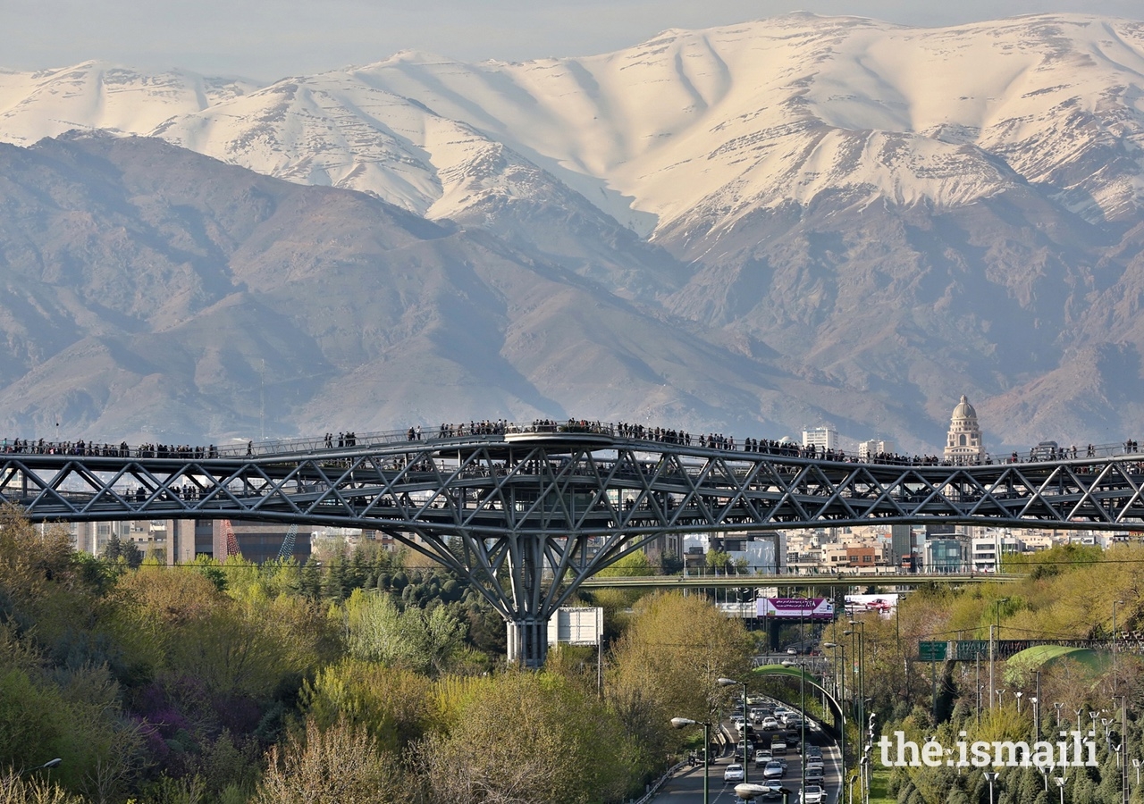 The Tabiat Pedestrian Bridge in Tehran was presented with an Aga Khan Award in 2016. The bridge includes multiple paths and inviting spaces, and connects two public parks on either side of a busy motorway.