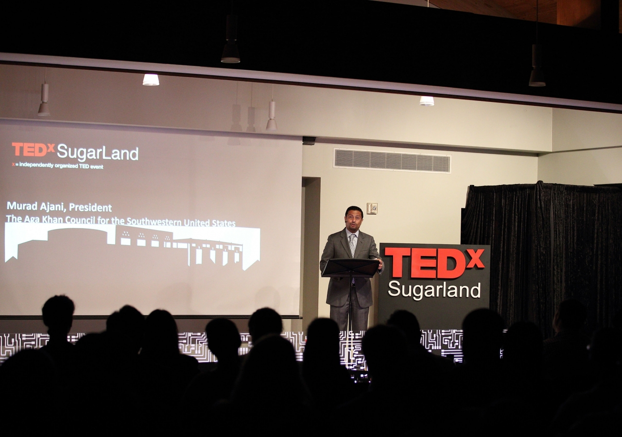 President Murad Ajani of the Ismaili Council for Southwestern USA opening the TEDx Sugar Land Innovators Conference, held at the Ismaili Jamatkhana and Center, Houston, in August 2016.