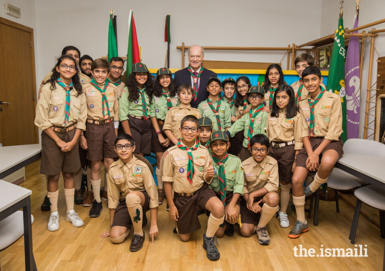 Prince Amyn joins the Ismaili Scouts in Lisbon for a group photograph in 2017.