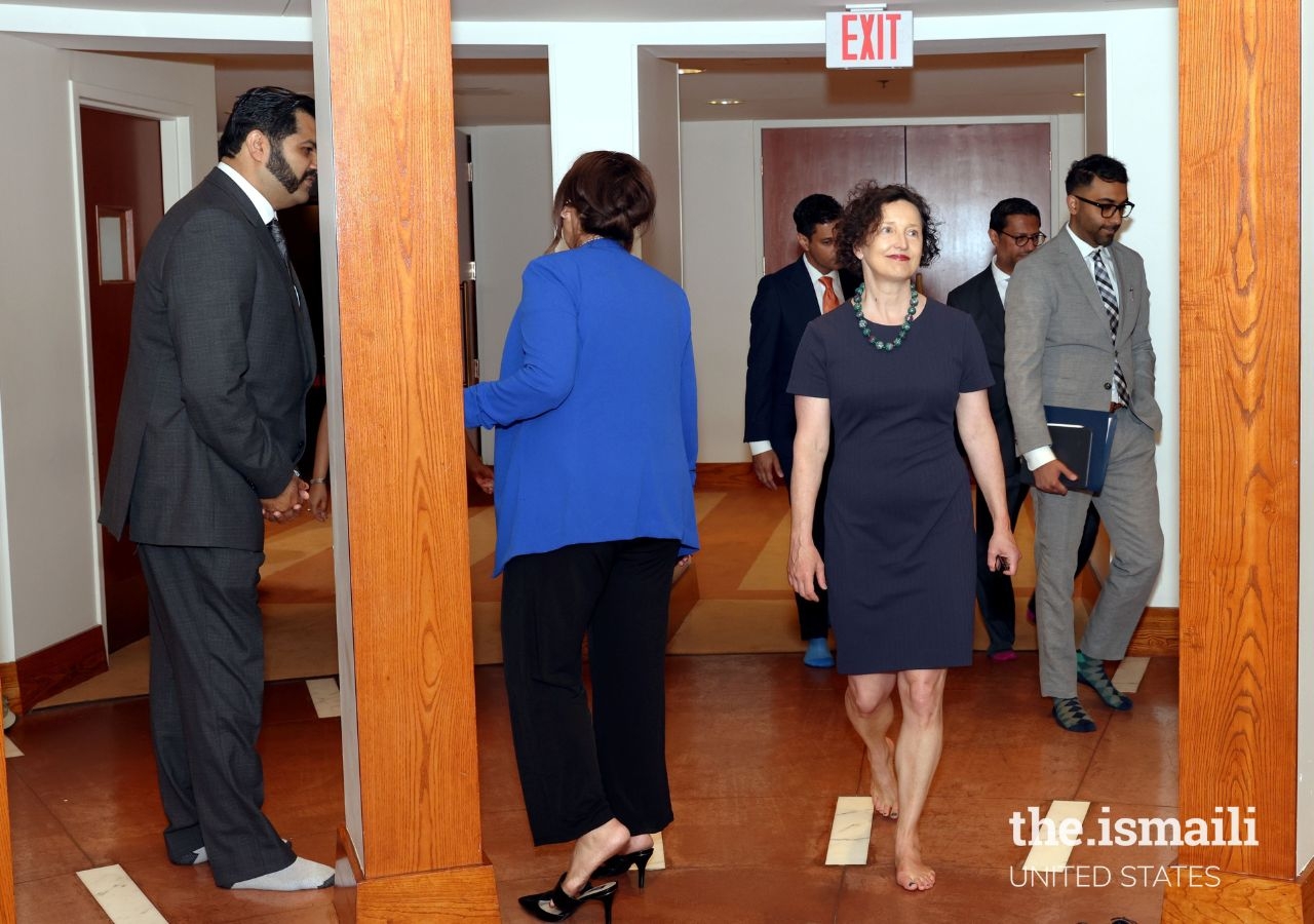 Elizabeth Horst leaving the Prayer Hall after touring the Ismaili Jamatkhana and Center.