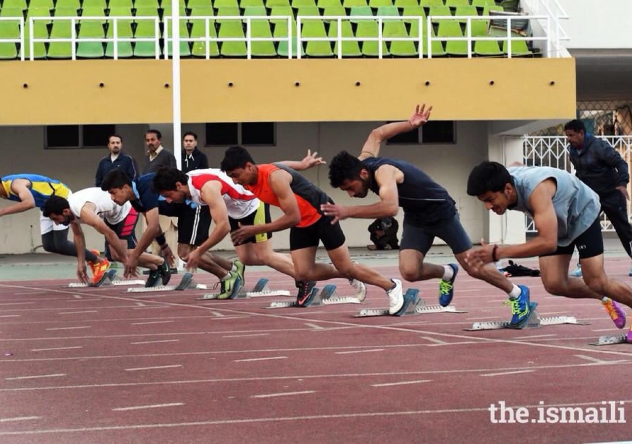 A sprint event on the athletics track at the DJSF National Games