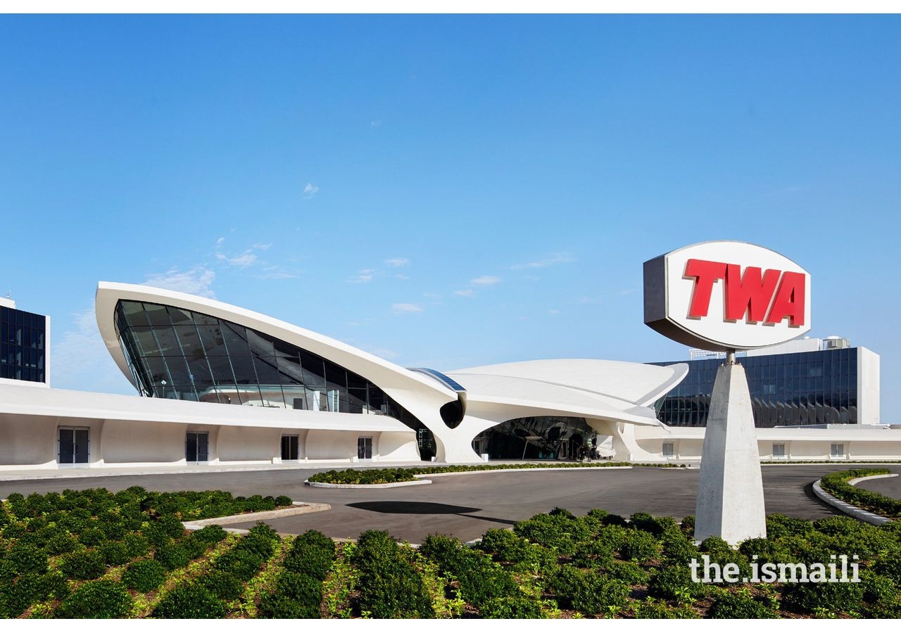 The former TWA Flight Center at JFK airport, New York City, now the TWA Hotel, a historic landmark.