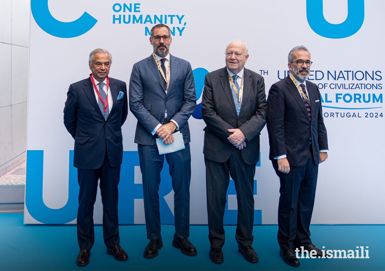 Prince Rahim with Nazim Ahmad, Diplomatic Representative of the Ismaili Imamat to Portugal (left); Miguel Ángel Moratinos, High Representative for UNAOC (centre); and Paulo Rangel, Minister of Foreign Affairs for Portugal (right).