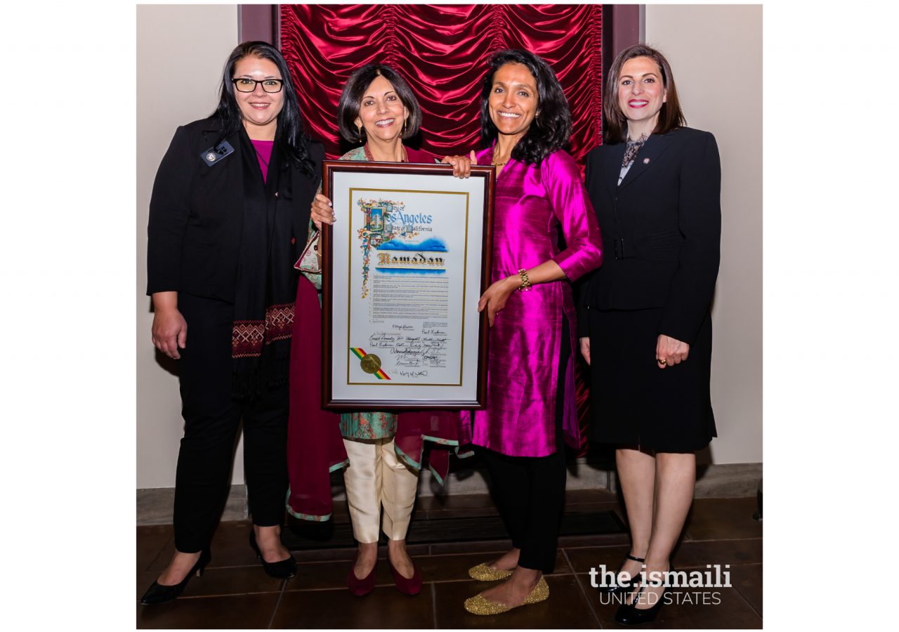 From left): Aziza Hasan, Executive Director of New Ground; Dr. Shaheen Kassim-Lakha, Conrad Hilton Foundation; Los Angeles City Council Member Nithya Raman, and Joumana Silyan-Saba, Director of Policy and Discrimination Enforcement for the Civil + Human Rights and Equity Department, Los Angeles.