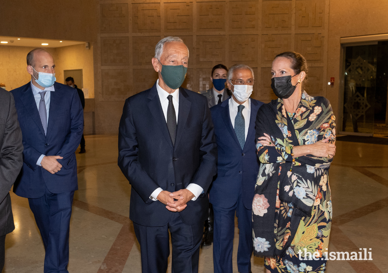 Princess Zahra in conversation with Portugal’s President Marcelo Rebelo de Sousa as Prince Hussain looks on at the Ismaili Centre, Lisbon, on 21 April 2022. 