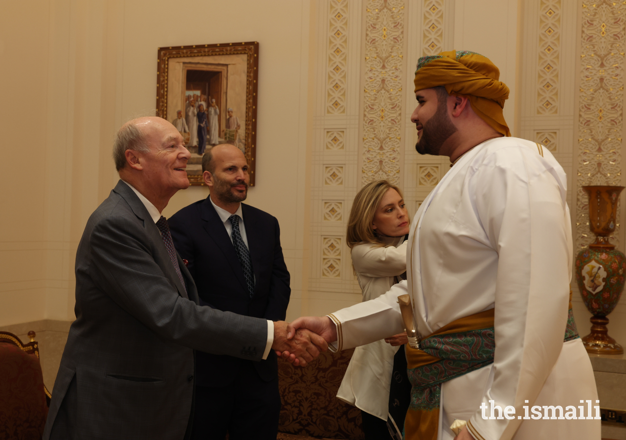 Prince Amyn and His Highness Sayyid Bilarab bin Haitham al Said warmly greet one another at the Royal Opera House in Muscat, Oman.