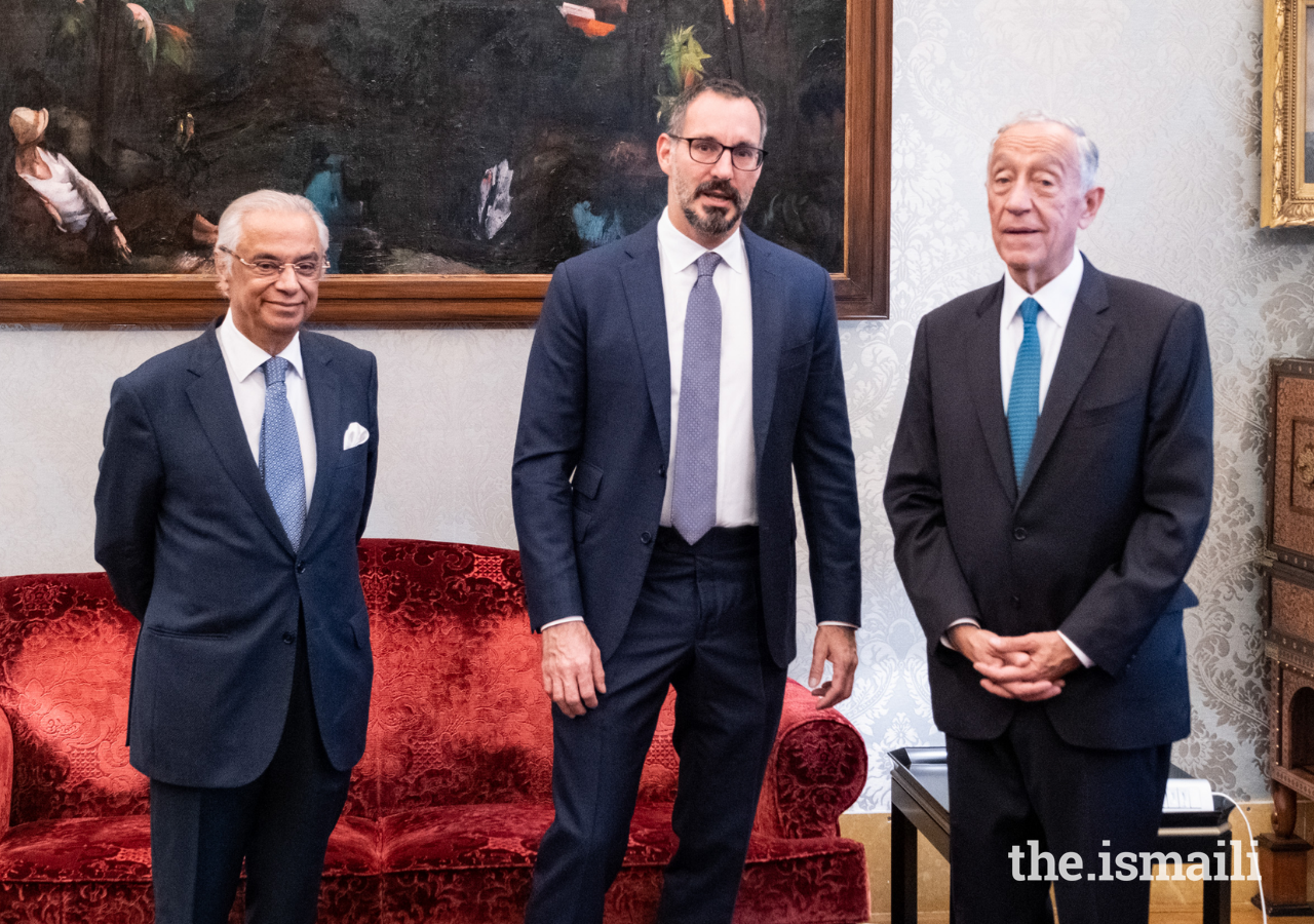 Prince Rahim, President Marcelo Rebelo de Sousa, and Nazim Ahmad, Diplomatic Representative of the Ismaili Imamat to Portugal.