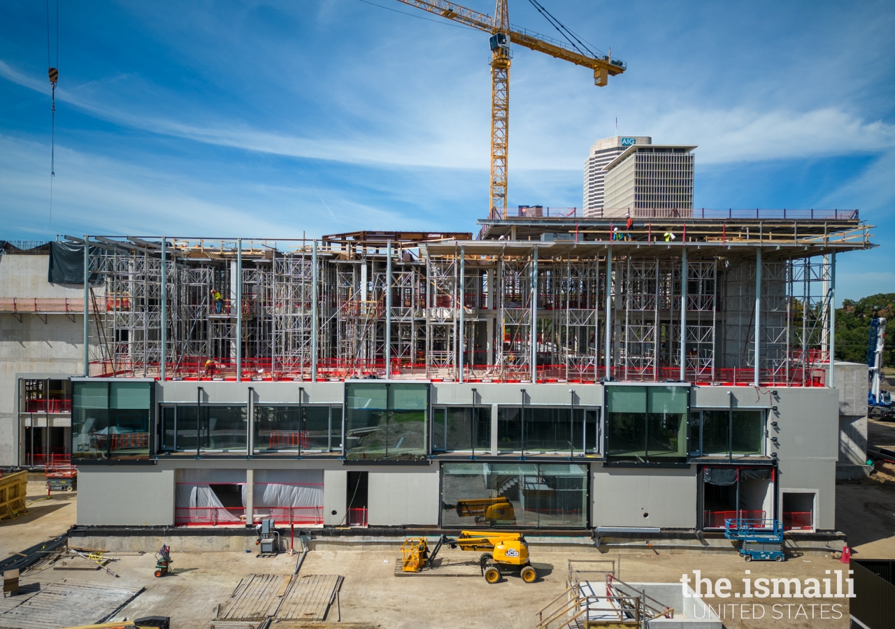 Glass curtain walls were completed in the Education Wing, which will host classes and programming for students. 