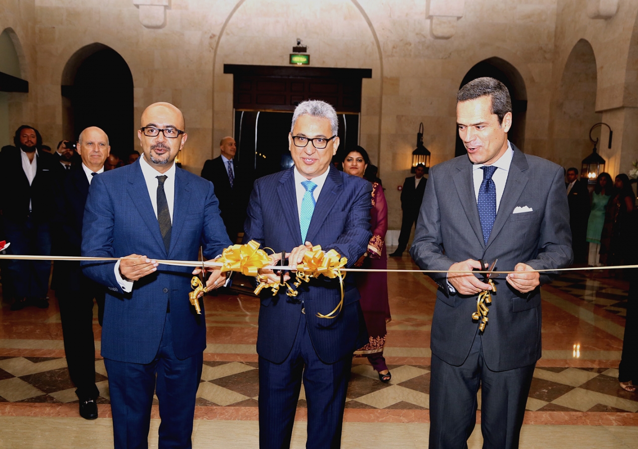 Canadian Ambassador Arif Lalani, Ismaili Council President Amiruddin Thanawala and Portuguese Ambassador Jaime Litao cut a ribbon to open the Aga Khan Award for Architecture exhibition at the Ismaili Centre. Ismaili Council for the UAE