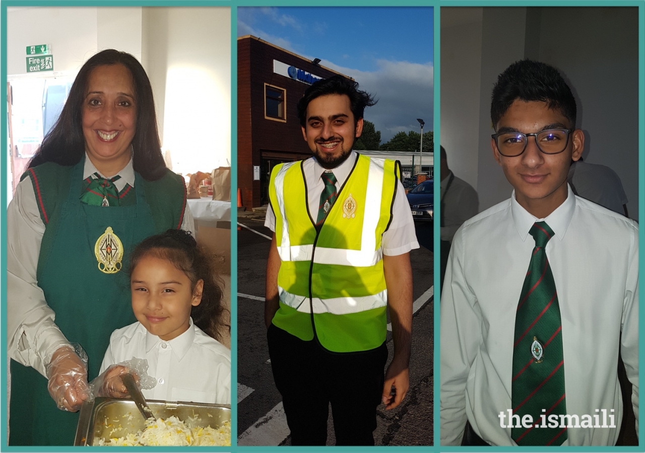 Rumina Rafizadeh and her daughter Eiliyah (left), Experienced Set up and Dismantle team member Inaarali Ladha (centre), and Cadet Mentor Adnan Ebrahim (right), all from Leicester Jamatkhana.