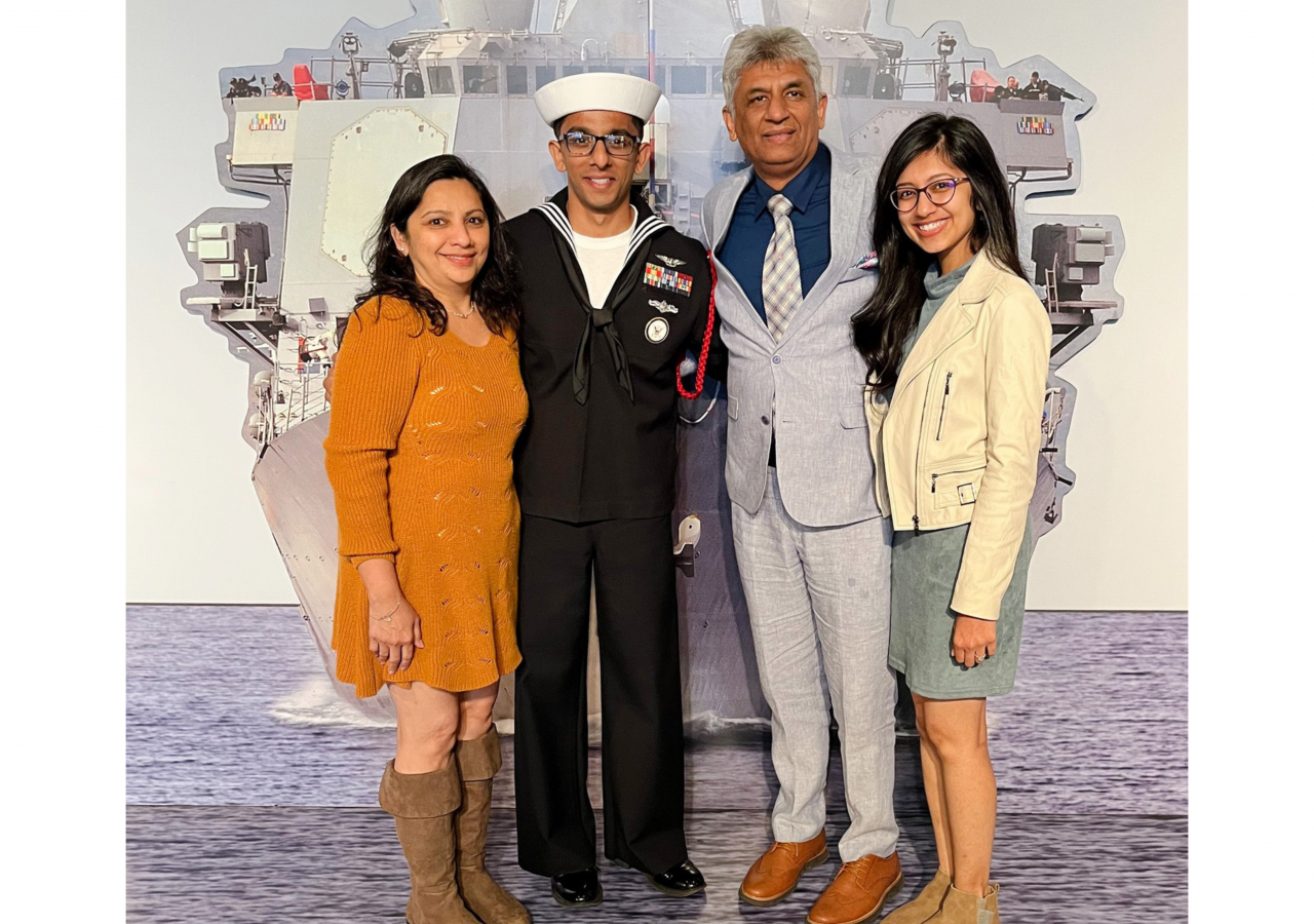 Shan with his family at his first division's graduation. (From left: mother, Munira, Shan, father, Salim, and sister, Mehak).