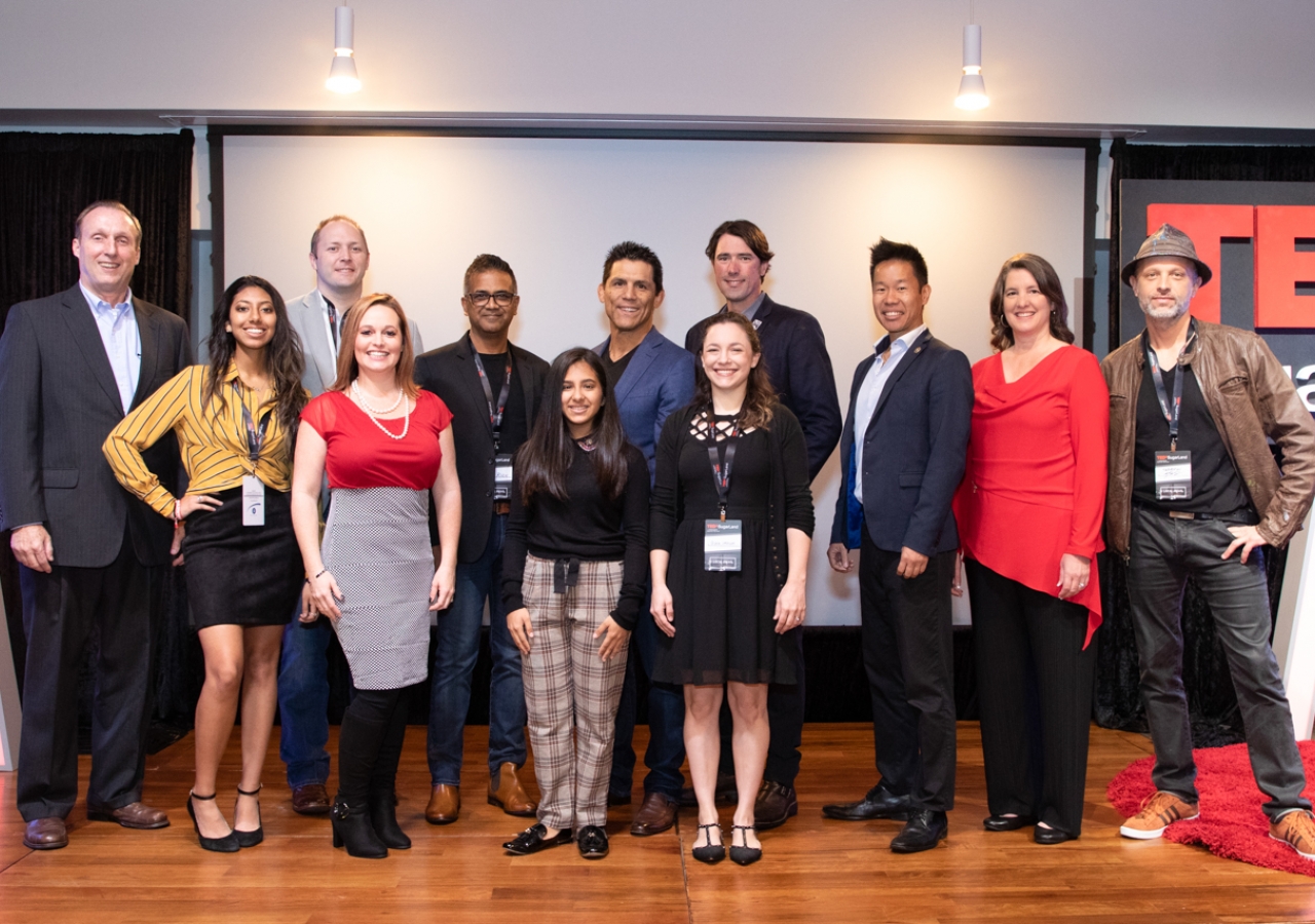 Speakers of TEDx SugarLand 2018:  (First row, from left): Zoe Lalji, Larayne Glidewell, Maya Tharoo, and Alexa Johnson: (Second row,  from left) Jeff McManus, Kevin Doffing, Aijaz (AJ) Rizvi, Frank Shamrock, Jesse Stewart, Christopher Kai, Leslie Marchand, and Sebastien Boileau.