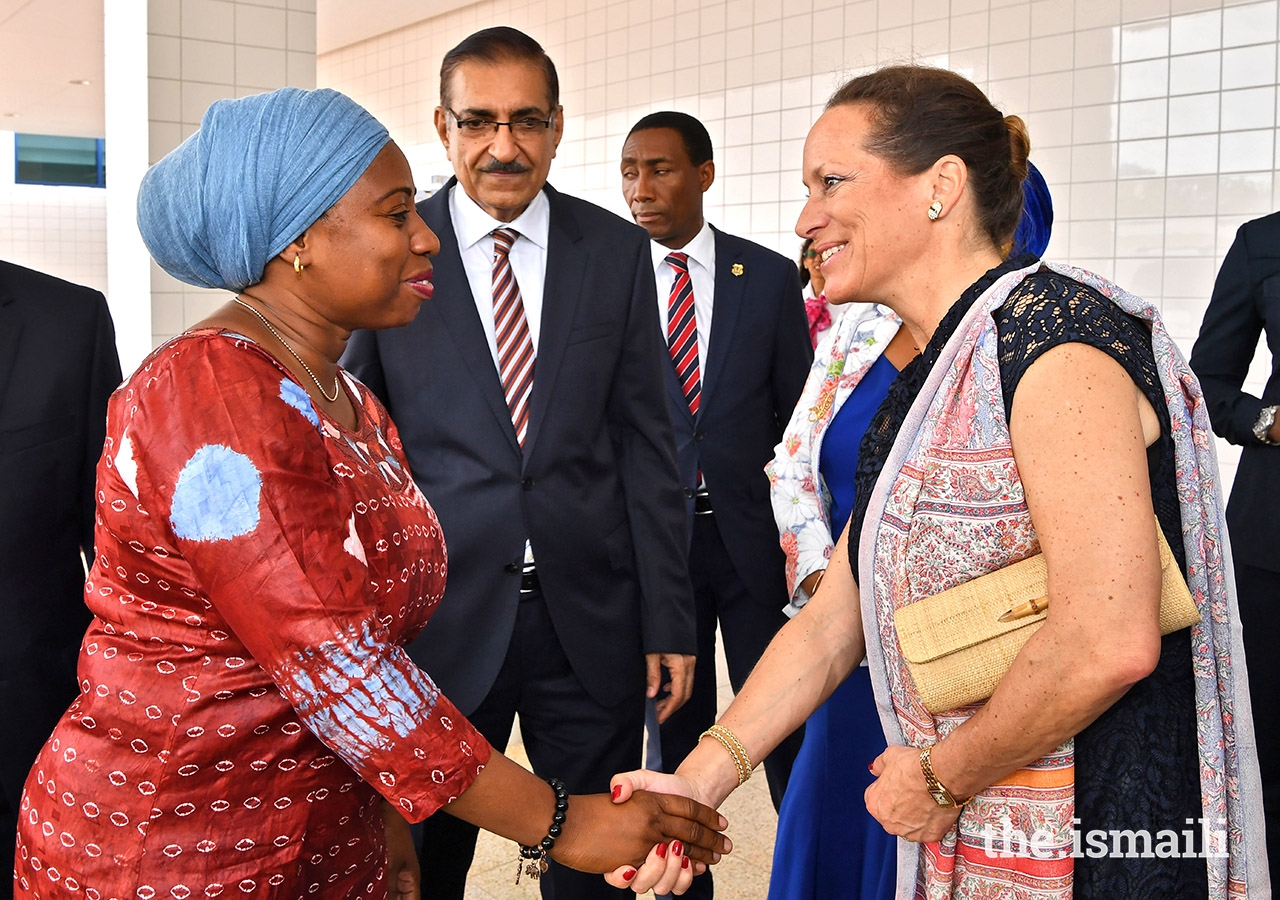 Princess Zahra welcoming Hon. Ummy Mwalimu, the Minister of Health, Community Development, Gender, Elderly and Children at the opening of Phase II of The Aga Khan Hospital, Dar Es Salaam.