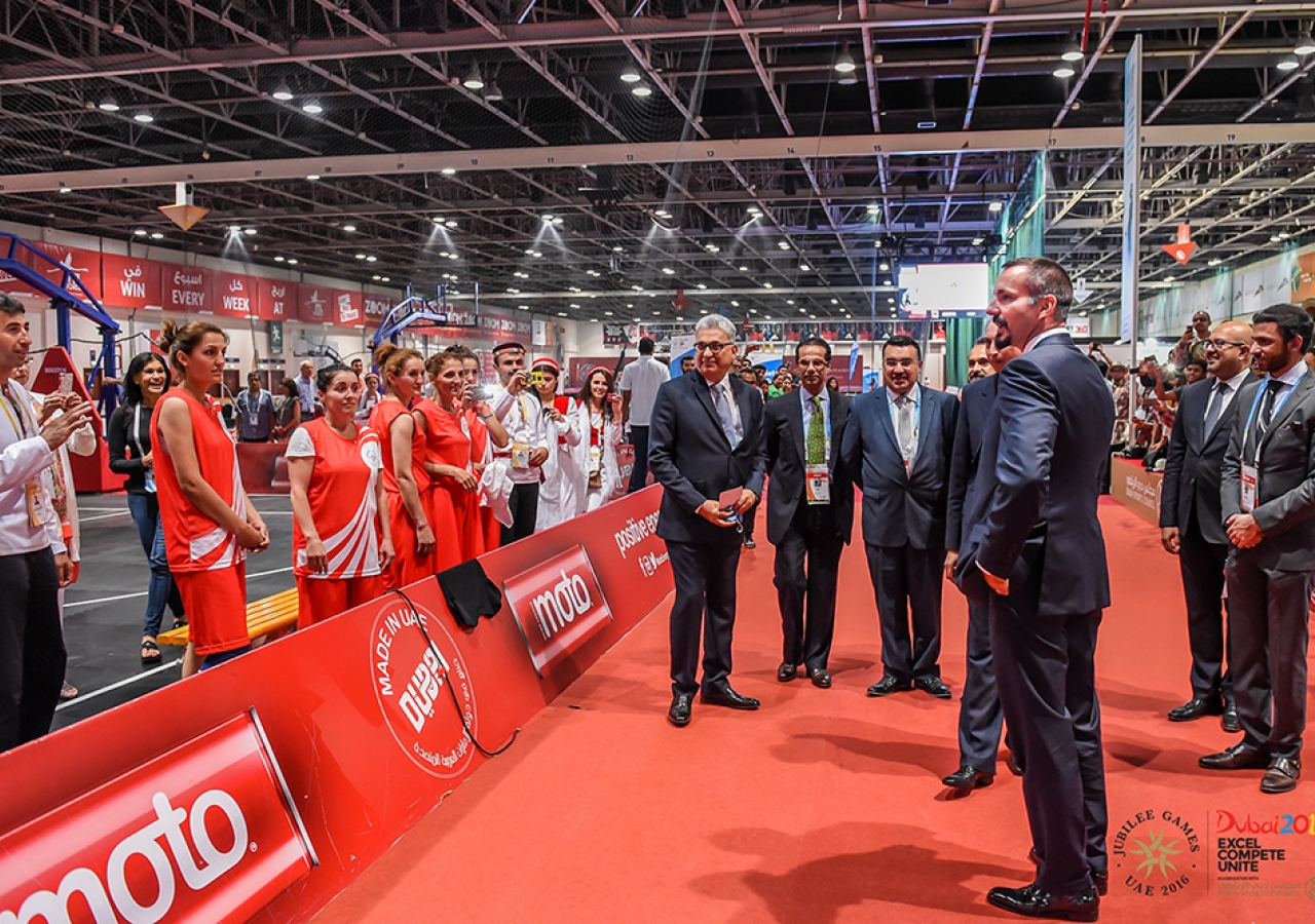 Prince Rahim Aga Khan greets Tajik athletes during the 2016 Jubilee Games. JG/Aly Ramji