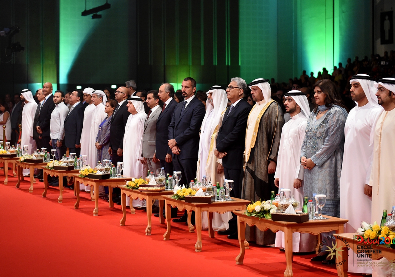 Prince Rahim, Sheikh Nahyan and leaders of the United Arab Emirates and the Ismaili Muslim community at the Opening Ceremony of the 2016 Jubilee Games. JG / Aly Ramji