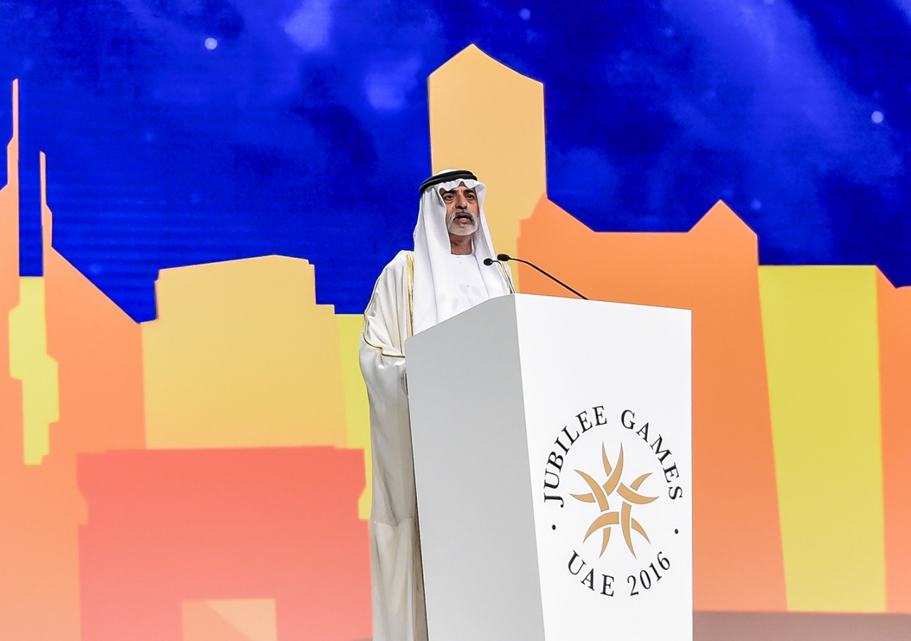 His Excellency Sheikh Nahyan bin Mubarak Al Nahyan addresses the Opening Ceremony of the 2016 Jubilee Games in Dubai. JG / Aly Ramji