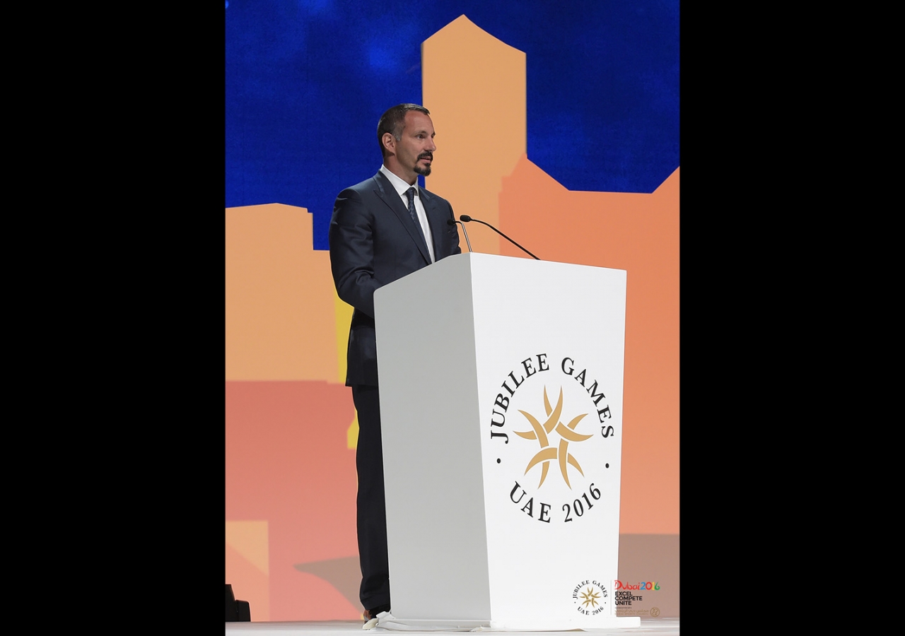 Prince Rahim speaking at the Opening Ceremony of the 2016 Jubilee Games in Dubai. JG / Aly Ramji