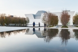 Surrounded by serviceberry trees and soft gravel, the reflective pools are mirrors that draw the Ismaili Centre and the Aga Khan Museum into the formal garden. Scott Norsworthy