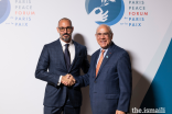 Ángel Gurría, President of the Paris Peace Forum, welcomes Prince Rahim to the 6th edition of the Forum at the Palais Brongniart.