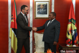 Prince Rahim is welcomed to the Presidential Palace in Maputo, by Filipe Nyusi, President of Mozambique.