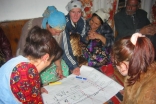 In the Ghund Valley of Shugnan district in 2004, community members engage in a mapping exercise to gauge their preparedness for potential disasters. 