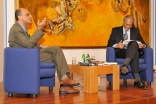 Dr Amyn Sajoo and Raficq Abdulla on stage during the book launch at the Ismaili Centre, London. 