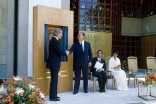 Mawlana Hazar Imam and Prime Minister Brian Mulroney shake hands following the unveiling of a plaque commemorating the opening of the Ismaili Centre, Burnaby.