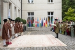 At the forecourt of the Imam's residence at Aiglemont, LIF Chairman Dr Mahmoud Eboo offers Diamond Jubilee Mubarak greetings to Mawlana Hazar Imam and his family on behalf of the Jamati leaders present and all Ismailis around the world.