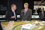 Mawlana Hazar Imam and Prime Minister Stephen Harper in the Exhibition Tent, examining the architectural model.