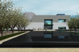 Artist rendering of the Aga Khan Museum, adjacent to the Ismaili Centre, Toronto, looking through the formal gardens.