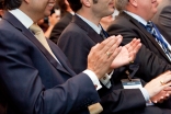 Prince Hussain and Ismaili Council President Mahmoud Eboo applaud during a presentation at the Governors’ Global Climate Summit 3 plenary session.