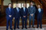 (From left) Prince Aly Muhammad, Prince Amyn, President Marcelo Rebelo de Sousa, Prince Rahim, and Nazim Ahmad attend an Imamat Day reception hosted at the Diwan of the Ismaili Imamat in Lisbon.