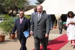 Mawlana Hazar Imam arrives at Kampala Jamatkhana accompanied by Huzur Mukhi Mohamed Lalani, President of the Ismaili Council for Uganda.