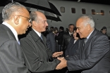 Mawlana Hazar Imam is welcomed to Tajikistan by LIF Member Dr Sharofat Mamadambarova and ITREC Chairman Dr Mamadsho Ilolov, as AKDN Resident Representative Munir Merali looks on.