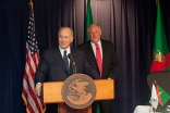 Standing with Illinois Governor Pat Quinn, Mawlana Hazar Imam speaks at the signing of an Agreement of Cooperation between the State of Illinois and the Ismaili Imamat on 4 November 2011.