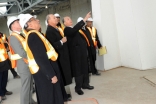 Mawlana Hazar Imam and Prince Amyn in the prayer hall of the Ismaili Centre, Toronto, discussing design details of the mihrab.