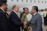 Mawlana Hazar Imam is greeted by the Foreign Minister of Bangladesh, Dr Dipu Moni, and the Ambassador at Large from the Prime Minister’s Office, Mohammad Ziauddin, upon his arrival in Dhaka.